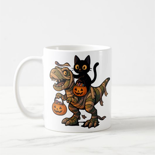 Black Cat Riding Mummy T-Rex - Niedliches Hallowee Kaffeetasse (Links)