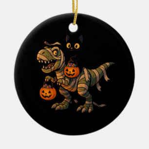 Black Cat Riding Mummy T-Rex - Niedliches Hallowee Keramik Ornament