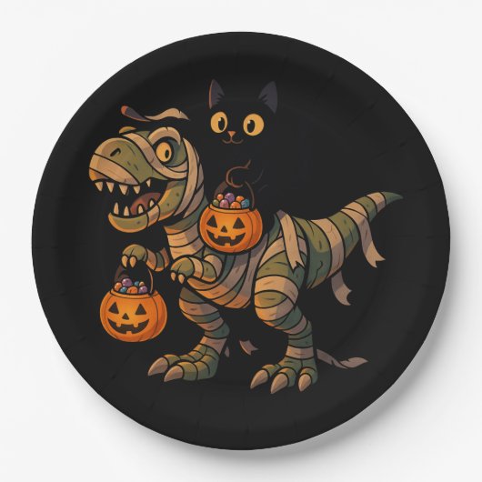 Black Cat Riding Mummy T-Rex - Niedliches Hallowee Pappteller (Vorderseite)