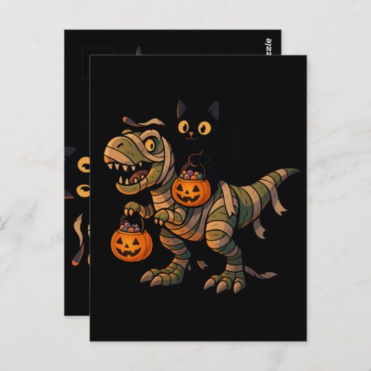 Black Cat Riding Mummy T-Rex - Niedliches Hallowee Postkarte (Vorne/Hinten)