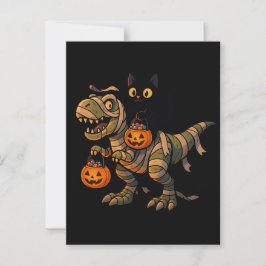 Black Cat Riding Mummy T-Rex - Niedliches Hallowee Postkarte