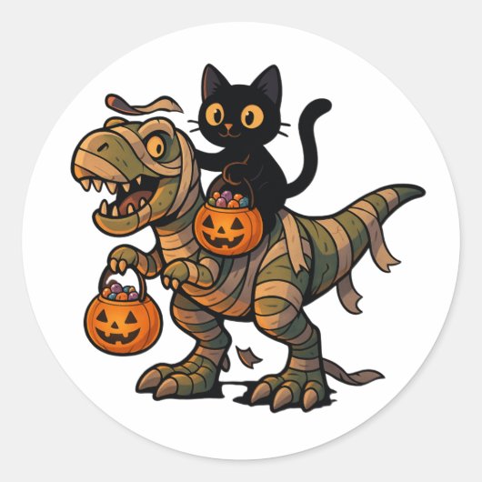 Black Cat Riding Mummy T-Rex - Niedliches Hallowee Runder Aufkleber (Vorderseite)