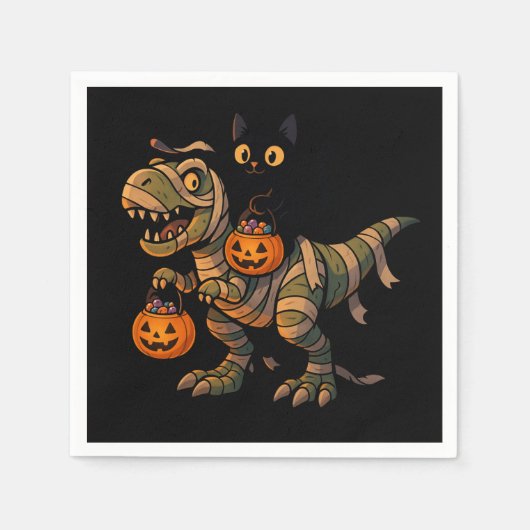 Black Cat Riding Mummy T-Rex - Niedliches Hallowee Serviette (Vorderseite)