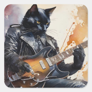 Black Cat Rock Star Gitarre Leather Jacket Quadratischer Aufkleber