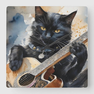 Black Cat Rock Star Gitarre spielen Quadratische Wanduhr
