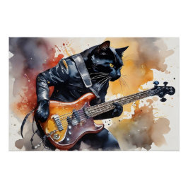 Black Cat Rock Star Leather Jacket Gitarre spielen Poster