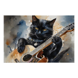 Black Cat Rock Star Playing Acoustic Guitar Poster