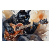 Black Cat Rock Star Playing Guitar Leather Jacket Poster (Vorderseite)