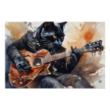 Black Cat Rock Star Playing Guitar Leather Jacket 