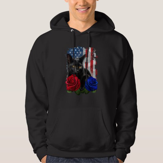 Black Cat Rose American Flag Happy 4th Of July Hoodie (Vorderseite)