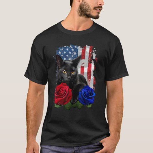 Black Cat Rose American Flag Happy 4th Of July T-Shirt (Vorderseite)