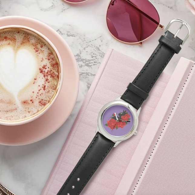 Black Cat Rote Rosen Lila Armbanduhr (Von Creator hochgeladen)