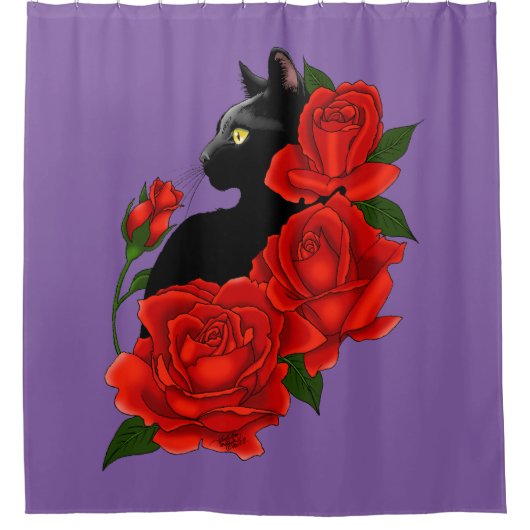 Black Cat Rote Rosen Lila Duschvorhang (Vorderseite)