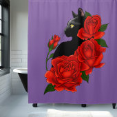 Black Cat Rote Rosen Lila Duschvorhang