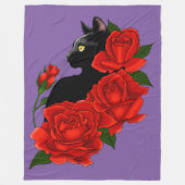 Black Cat Rote Rosen Lila Fleecedecke (Vorderseite)