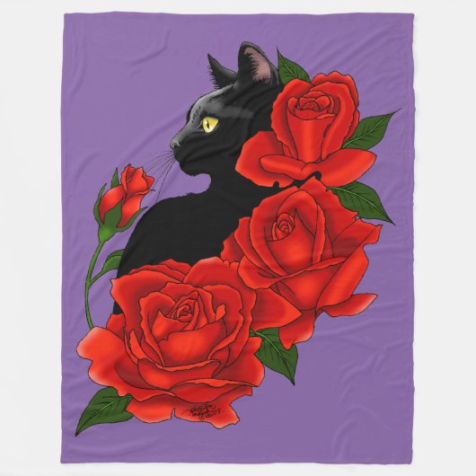 Black Cat Rote Rosen Lila Fleecedecke (Vorderseite)