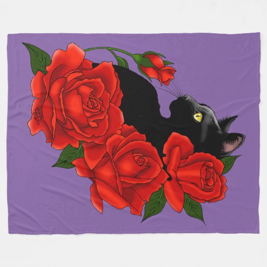 Black Cat Rote Rosen Lila Fleecedecke (Vorderseite (Horizontal))