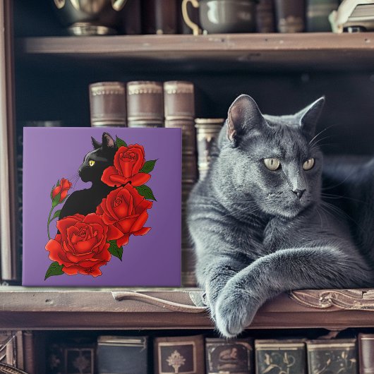 Black Cat Rote Rosen Lila Fliese