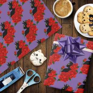 Black Cat Rote Rosen Lila Geschenkpapier