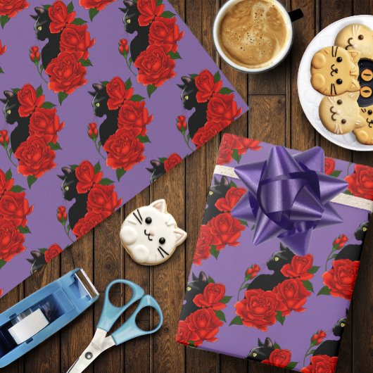Black Cat Rote Rosen Lila Geschenkpapier