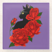 Black Cat Rote Rosen Lila Glasuntersetzer (Vorderseite)