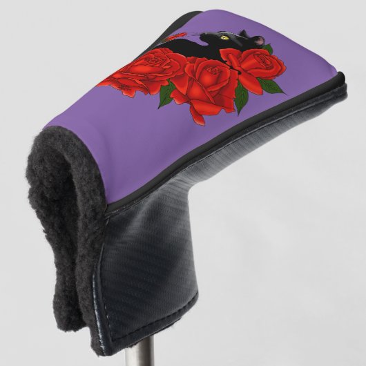 Black Cat Rote Rosen Lila Golf Headcover (3/4 Vorderseite)