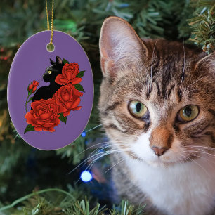 Black Cat Rote Rosen Lila Keramik Ornament