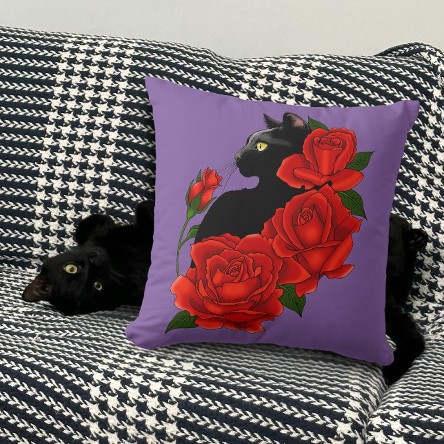 Black Cat Rote Rosen Lila Kissen (Von Creator hochgeladen)