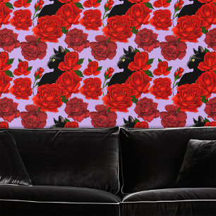 Black Cat Rote Rosen Lila Tapete