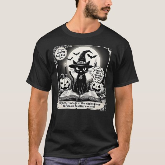 Black Cat Salem Witch Book Club Spooky Halloween B T-Shirt (Vorderseite)