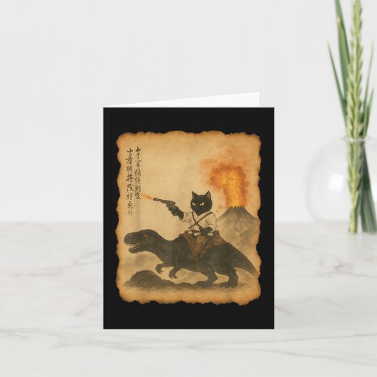 Black Cat Samurai Riding Dinosaurier Vulkanausbruc Karte (Vorderseite)