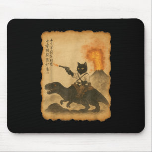 Black Cat Samurai Riding Dinosaurier Vulkanausbruc Mousepad