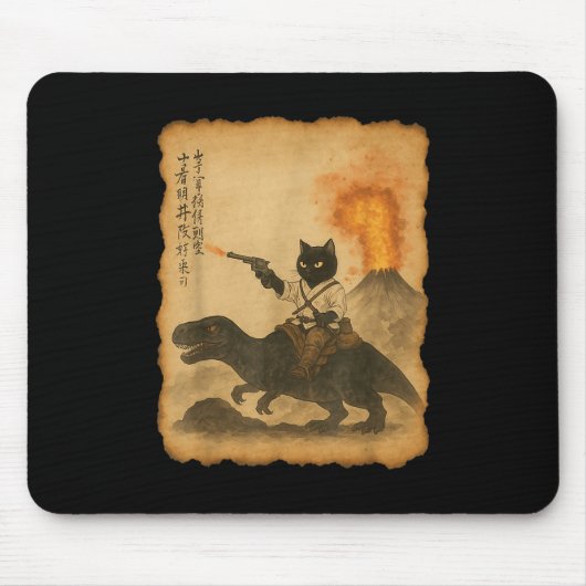 Black Cat Samurai Riding Dinosaurier Vulkanausbruc Mousepad (Vorne)