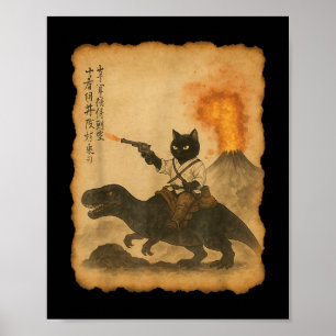 Black Cat Samurai Riding Dinosaurier Vulkanausbruc Poster