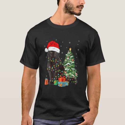 Black Cat Santa Angled Up In Christmas Lights Xmas T-Shirt (Vorderseite)