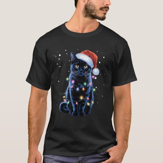 Black Cat Santa Claus Fairy Lights Santa Cat T-Shirt (Vorderseite)