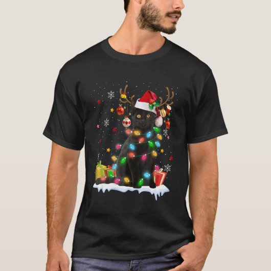 Black Cat Santa Hat Reindeer Christmas Lights Cat  T-Shirt (Vorderseite)