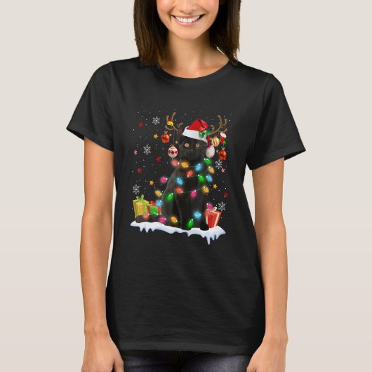 Black Cat Santa Hat Reindeer Christmas Lights Cat  T-Shirt (Vorderseite)