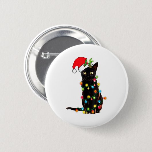Black Cat Santa Tangled Up In Christmas Lights _1 Button (Vorne & Hinten)