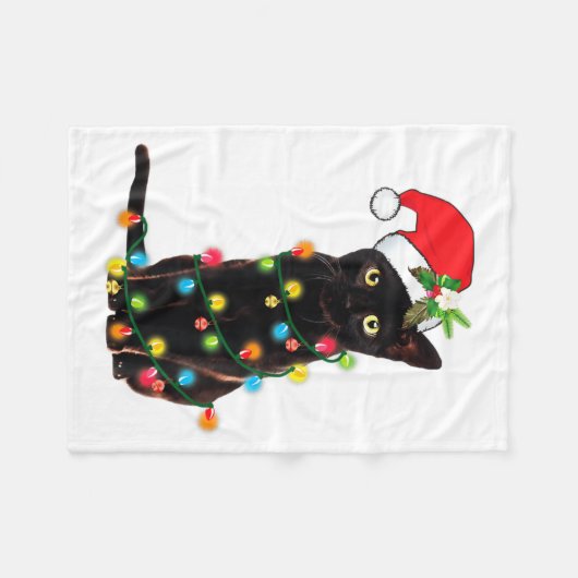 Black Cat Santa Tangled Up In Christmas Lights Fleecedecke (Vorderseite (Horizontal))