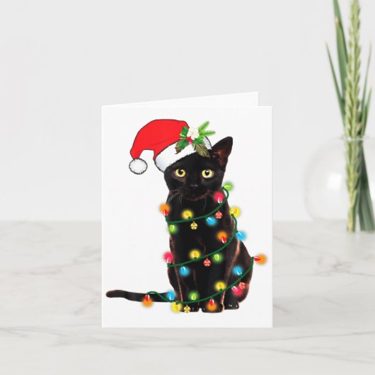 Black Cat Santa Tangled Up In Christmas Lights Karte (Vorderseite)
