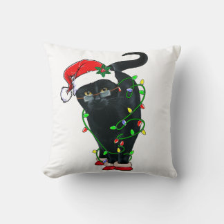 Black Cat Santa Tangled Up In Christmas Lights Kissen
