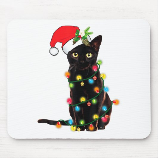 Black Cat Santa Tangled Up In Christmas Lights Mousepad (Vorne)