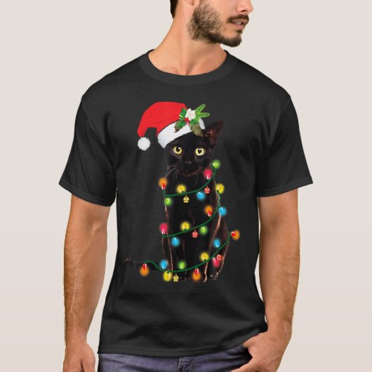 Black Cat Santa Tangled Up In Christmas Lights T-Shirt (Vorderseite)