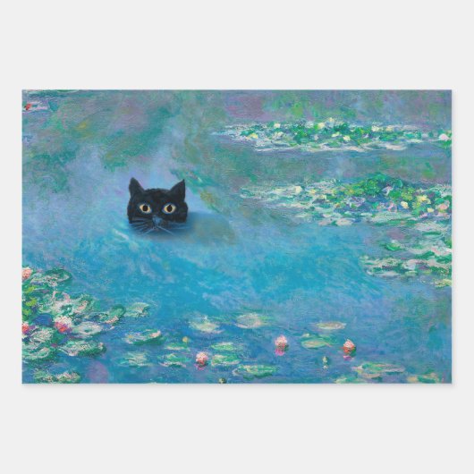 Black Cat Schwimmen in Water Lilies Entdeckungsrei Geschenkpapier Set (Vorderseite)