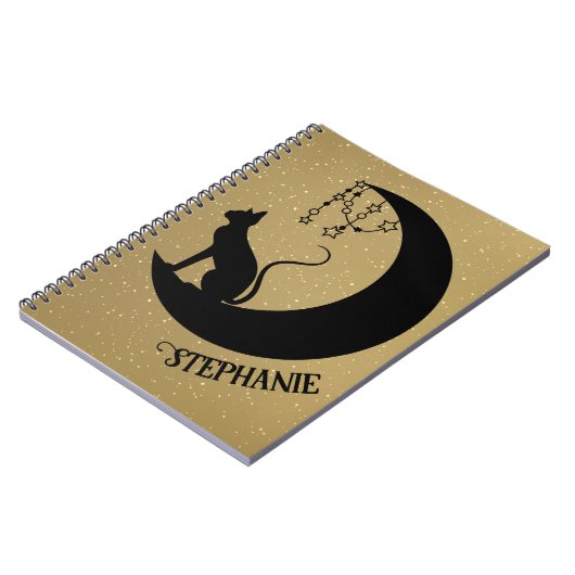 Black Cat Silhouette auf Gold Glitzer Night Sky Notizblock (Linke Seite)