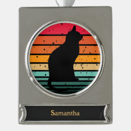 Black Cat Silhouette auf Rainbow Circular Christma Banner-Ornament Silber