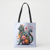 Black Cat Silhouette aus farbigen Blume Tasche (Vorderseite)