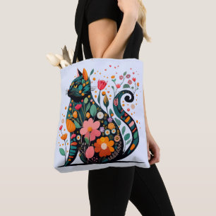 Black Cat Silhouette aus farbigen Blume Tasche