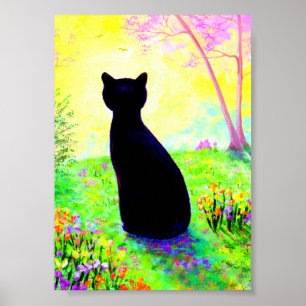 Black Cat Silhouette Blumen Creationarts Poster